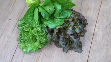 frillice iceberg and red oak leaf lettuce and cos wood background,pan in video