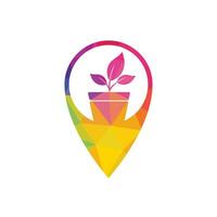 Garden location vector logo design. Flower pot with pin point icon design.