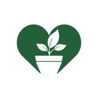 Flower pot and plant logo. Growth vector logo. Heart shaped sign.