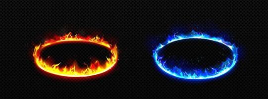 Round frames with fire. Burning rings with flame vector