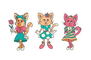 retro gato hembra personaje conjunto vector