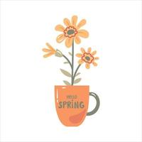 Hello spring greeting with mug and flowers vector