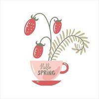 Hello spring cup with strawberry vector