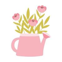 Cute watering can with flowers. Spring watering can with flowers and leaves. Vector illustration. Flat hand drawn style.