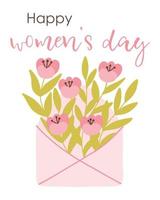 Postcard Happy Womens Day. Vector illustration. Flat hand drawn style. Spring card with envelope and flowers. Cute poster for Womens Day.