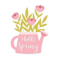 Hi spring. Spring lettering on a watering can with flowers. Vector illustration. Flat hand drawn style. Illustration of a watering can with plants.