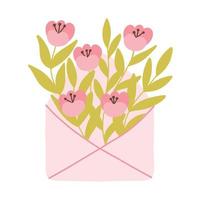 Envelope with flowers. Letter with blooming flowers. Spring illustration with flowers and leaves. Bouquet with spring flowers. Vector illustration. Flat hand drawn style.