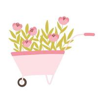 Garden wheelbarrow with flowers. Vector illustration. Flat hand drawn style. Cute spring illustration.