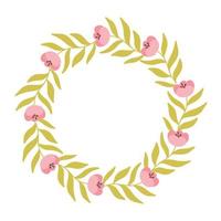 Round frame made of flowers. Spring frame with blooming flowers and leaves. Vector illustration. Flat hand drawn style.