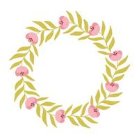 Round frame made of flowers. Spring frame with blooming flowers and leaves. Vector illustration. Flat hand drawn style.