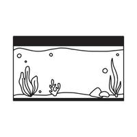 Rectangular aquarium. Aquarium with algae in doodle style. Vector illustration. Empty isolated aquarium in linear style.