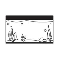 Rectangular aquarium. Aquarium with algae in doodle style. Vector illustration. Empty isolated aquarium in linear style.