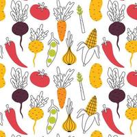 Seamless pattern with vegetables in doodle stele. Pattern with horse crops in a linear style. Modern print with vegetables with color. Vector illustration.