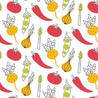 Seamless pattern with vegetables in doodle stele. Pattern with horse crops in a linear style. Modern print with vegetables with color. Vector illustration.