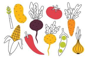 Set of root crops in doodle style. Collection of vegetables in a linear style. Vector illustration. Onions, peas, beets, turnips, tomatoes, corn. Types of root crops.