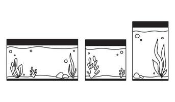 Set of Rectangular Aquariums. Collection of Aquariums with algae in doodle style. Vector illustration. Empty isolated aquarium in line style.