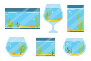 Set of Rectangular Aquariums. Collection of Aquariums with algae in flat style. Vector illustration. Empty isolated aquarium in cartoon style.