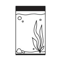 Rectangular aquarium. Aquarium with algae in doodle style. Vector illustration.