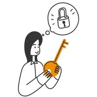 hand drawn doodle person insert the key into the padlock illustration vector
