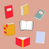 Big set with red, yellow, green, blue opened and closed textbooks, business diaries, workbooks in different positions. World book and copyright day concept. Vector cartoon icons on white.