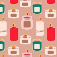 Seamless Pattern with Various Candles. Different shapes and sizes. Pillar, jar candle, square, container candle, multi wick. Decorative wax candles for relax and spa vector