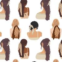 Seamless Pattern with young ladies with various Haircuts and accessories. Look from behind. Rear view. Women dressed in different clothes. Heads and shoulders. Beauty salon concept vector