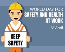 illustration vector graphic of a worker holding a work safety warning sign, perfect for international day, safety and health at work, celebrate, greeting card, etc.