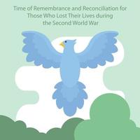 illustration vector graphic of birds fly into the sky, showing forest and clouds, perfect for international day,remembrance reconciliation, those who lost, their lives during, second world war.