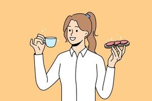 Smiling young woman eating sandwich drinking coffee. Happy girl enjoy lunch with bread and tea. Food break. Vector illustration.