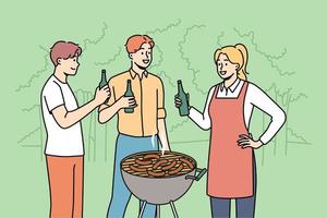 Smiling young people enjoy barbecue drinking beer outdoors. Happy friends have fun grilling meat in forest. Vector illustration.