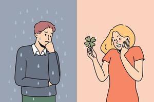 Set of lucky and unlucky people in life. Unhappy stressed man and smiling optimistic woman feeling different moods. Vector illustration.