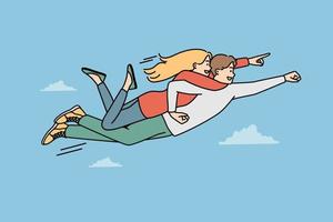 Smiling courageous man as superhero with woman on back flying in air. Happy male act as hero fly with female lover in sky. Vector illustration.