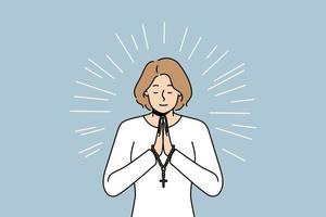 Hopeful religious young woman with rosary in hands praying. Superstitious female ask God for good fate and fortune. Religion and faith. Vector illustration.