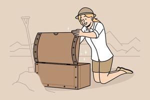 Young woman archaeologist open chest with treasures on archeological site. Smiling female paleologist discover artifacts in desert. Vector illustration.