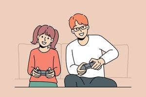 Smiling young father and daughter have fun playing video games together at home. Happy dad and little girl child enjoy computer gaming on weekend. Vector illustration.