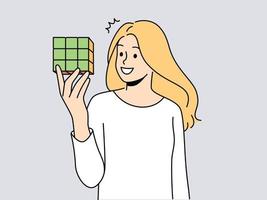 sonriente mujer sostener rubik cubo. contento niña resolviendo lógico juego. pasatiempo y creatividad. vector ilustración.