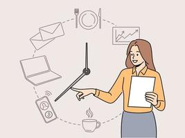 Smiling businesswoman with clock pointing at different activities. Happy female employee or worker engaged in time management. Vector illustration.