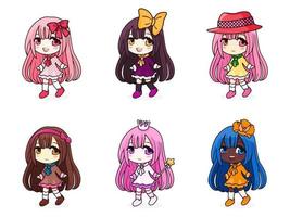 Collection of cute isolated anime girls illustrations with different accessories, hair color and skin. Vector chibi stickers or badges. Vector illustrations for any use.
