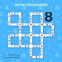 Math Crossword puzzle for kids. Addition and subtraction. Counting up to 10. Vector illustration