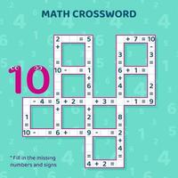 Math Crossword puzzle for kids. Addition and subtraction. Counting up to 10. Vector illustration