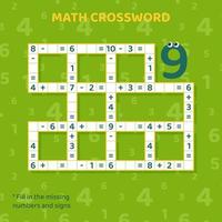 Math Crossword puzzle for kids. Addition and subtraction. Counting up to 10. Vector illustration