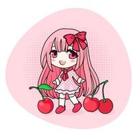 linda y kawaii niña con rosado cabello. felizmente manga chibi niña con cerezas. vector ilustración. todas objetos son aislado. Arte para huellas dactilares, cubiertas, carteles y ninguna usar.