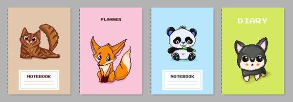 Cover page templates. Vector Pixel art animals prints. Applicable patterns for notebooks, planners, brochures, books, catalogs etc. Seamless patterns, easy to re-size.