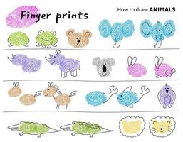 Finger prints art. Education tasks for kids how to make different animals. Vector illustration. isolated elements.