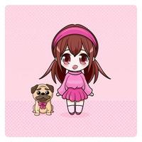 Cute and kawaii girl with pug. Happily manga girl with dog. Vector Illustration. Art for prints, covers, posters and any use.