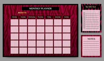 luxurious Monthly planner with To Do list and notes on zebra backdrop. Vector illustration. Planner for companies and private use.