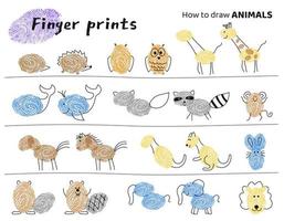 Finger prints art. Education tasks for kids how to make different animals. Vector illustration. isolated elements.