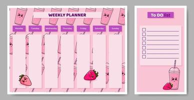 Weekly planner for kids. Child schedule for week and to do list with strawberries and cocktails. Calendar for elementary school student. Vector illustration