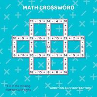 Math Crossword puzzle for kids. Addition and subtraction. Counting up to 20. Vector illustration