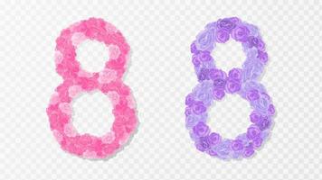 8 March celebration with isolated eight symbol made of pink and purple roses. Women's Day. Vector illustration